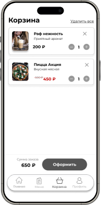 Корзина в приложении для кафе и ресторанов